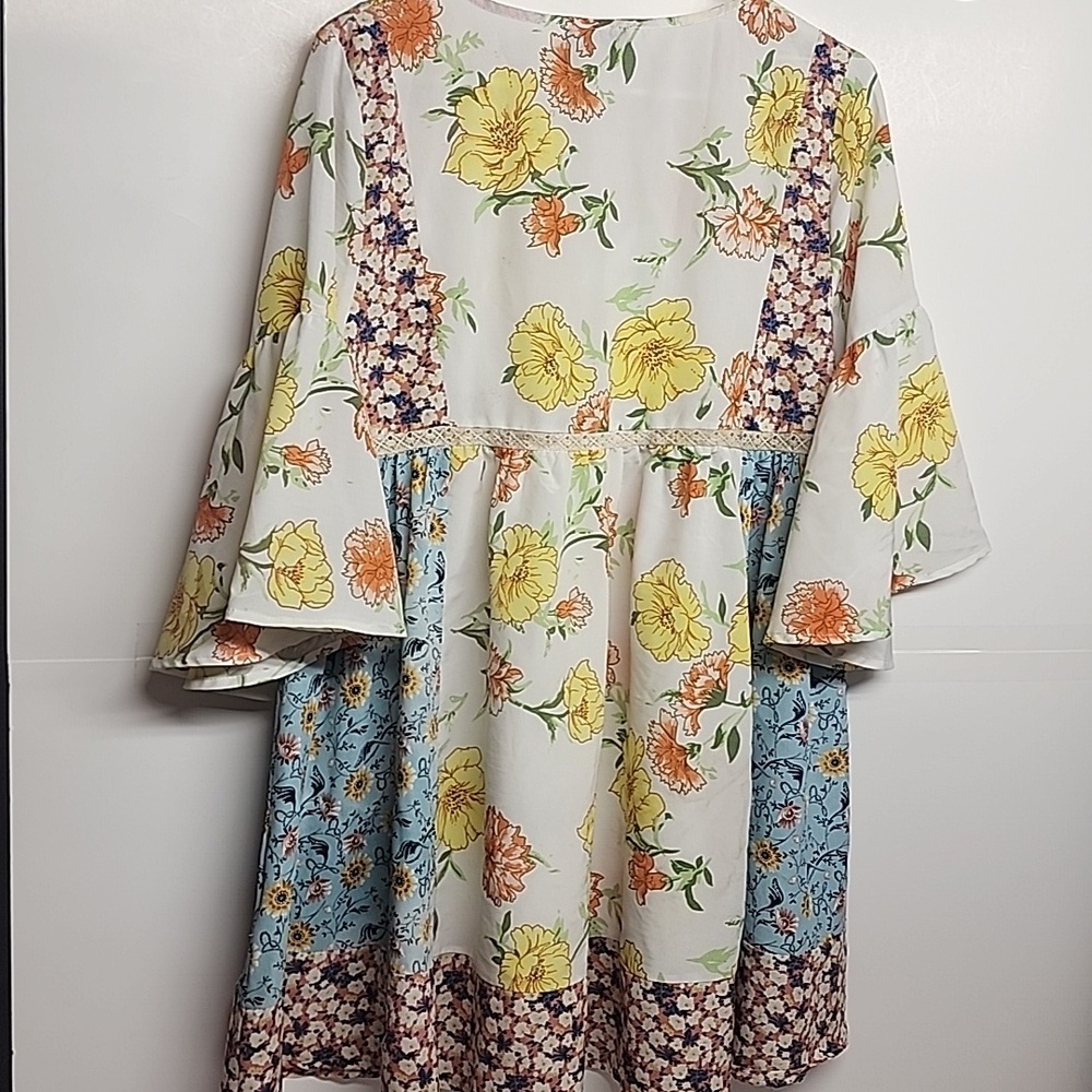 GGO Boho Floral V-Neck Patchwork Mini Dress or Long Top in White & Yellow - Picture 5 of 9